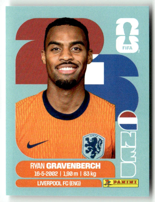 NED 11 Ryan Gravenberch - Sticker autocollant Panini Coupe du Monde FIFA 2026 Pays-Bas - Pièce détachée