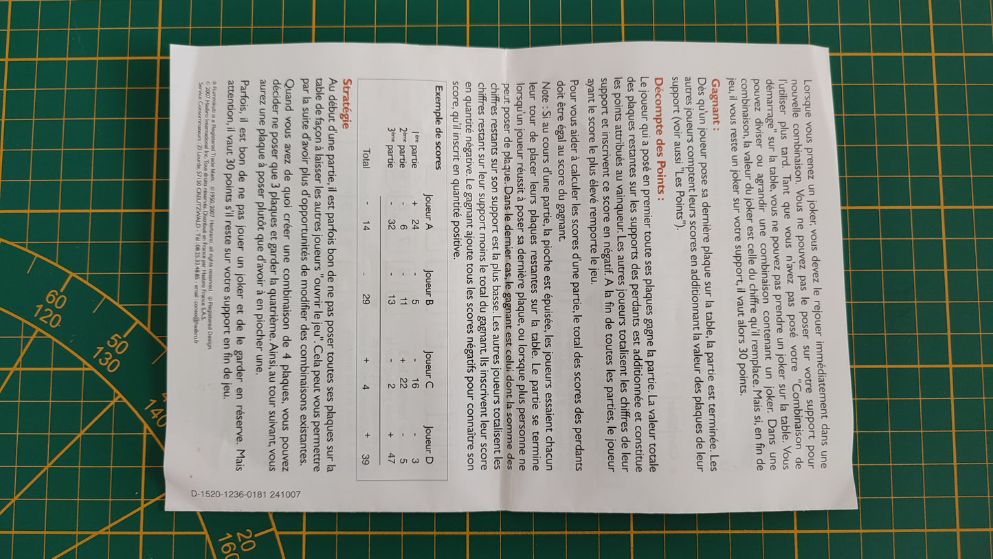 Notice seule vendue pliée pièce détachée jeu de société Rummikub Le rami des chiffres jeu de voyage Hasbro #C68