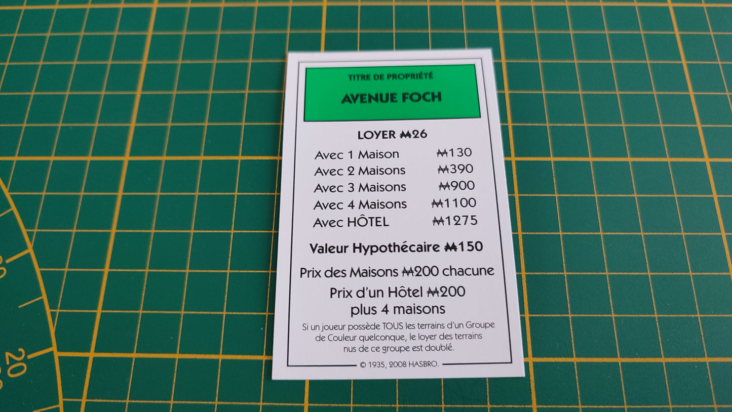 Titre de propriété Avenue Foch pièce détachée jeu de société Monopoly parties rapides Hasbro #C25