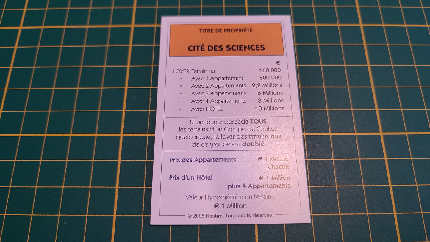 Titre de propriété Cité des sciences pièce détachée jeu de société Monopoly Et si le Monopoly était inventé aujourd'hui #C22