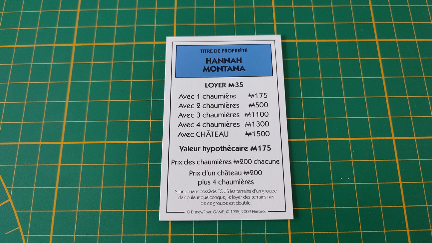 Titre de propriété Hannah Montana pièce détachée jeu de société Monopoly Disney éditions Hasbro #B94