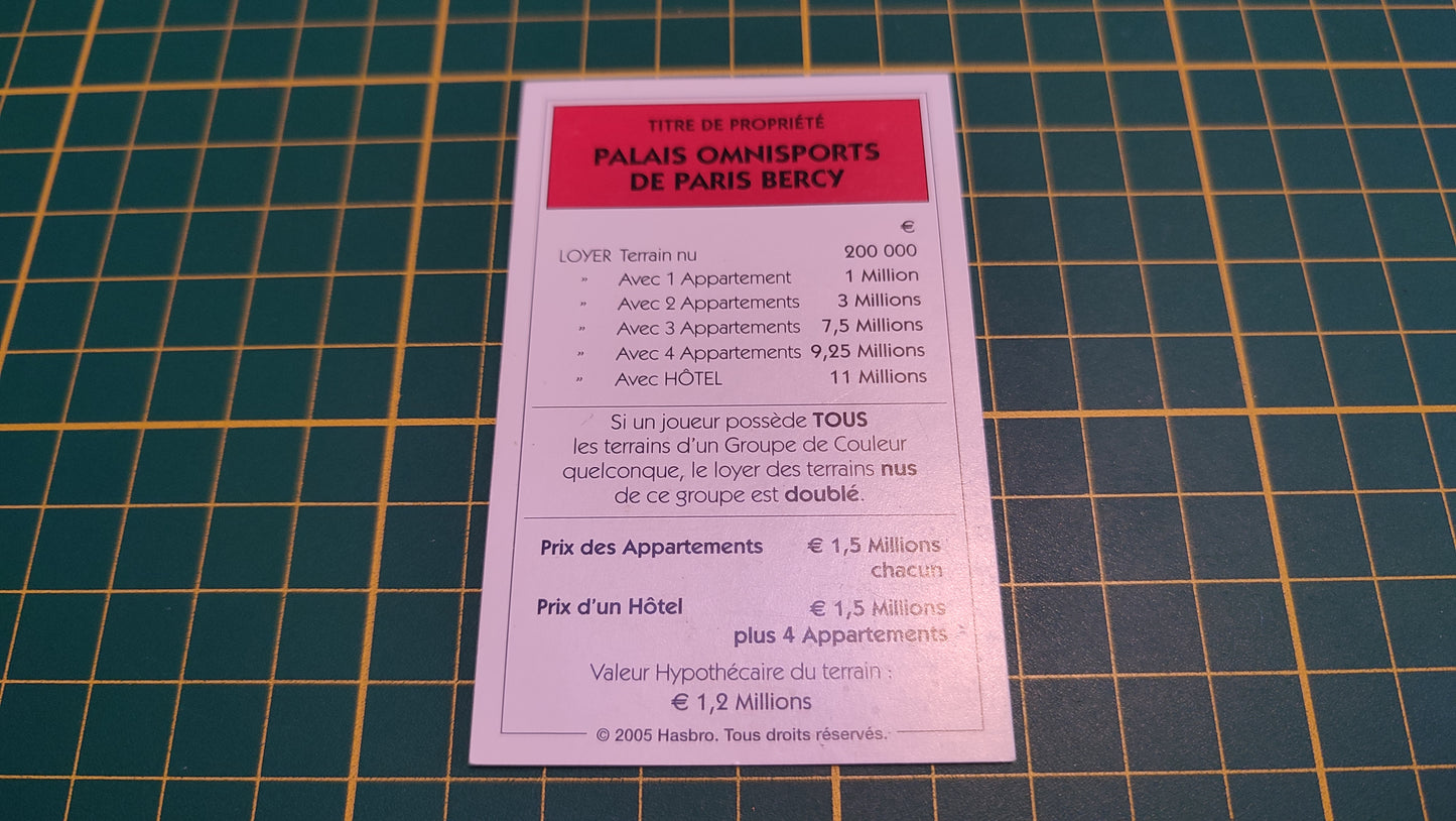 Titre de propriété Palais Omnisports de Paris Bercy pièce détachée jeu de société Monopoly Et si le Monopoly était inventé aujourd'hui #C22