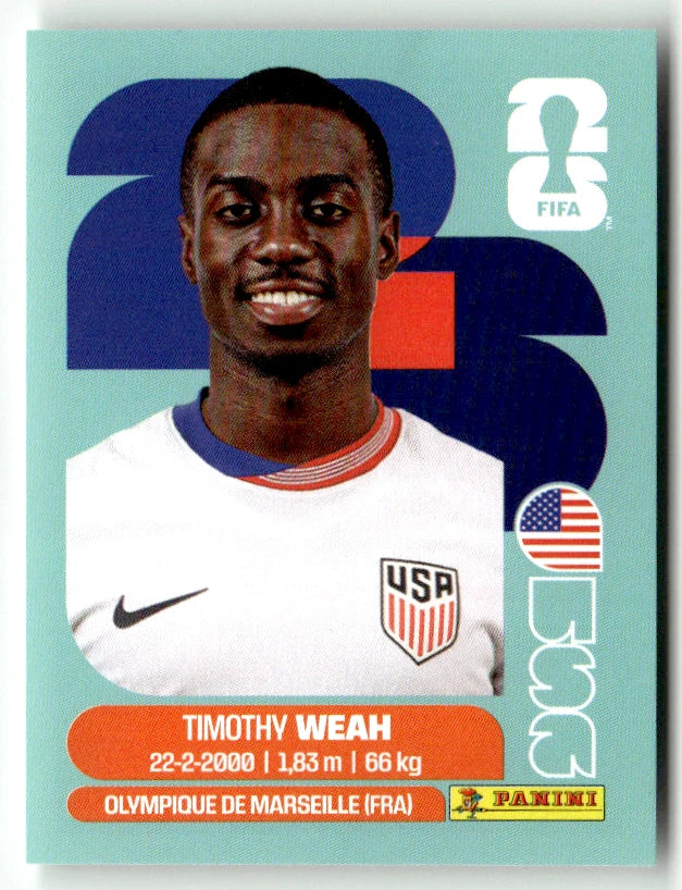 USA 12 Timothy Weah - Sticker autocollant Panini Coupe du Monde FIFA 2026 États-Unis - Pièce détachée