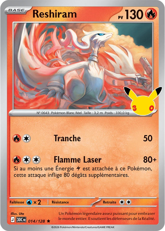 014/128 Carte Pokémon Reshiram Rare holographique série 30C 30ème anniversaire