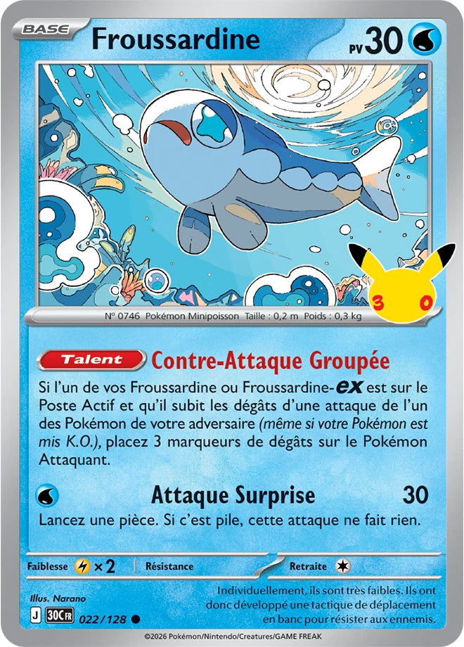 022/128 Carte Pokémon Froussardine commune holographique série 30C 30ème anniversaire