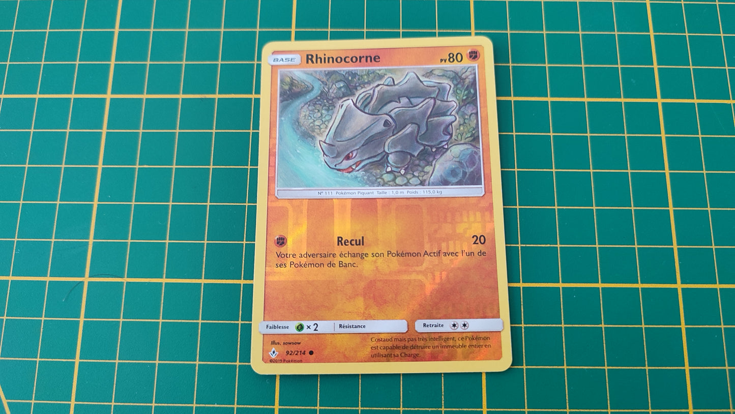 92/214 Carte Pokémon Rhinocorne commune reverse Soleil et Lune SL10 Alliance Infaillible #B10