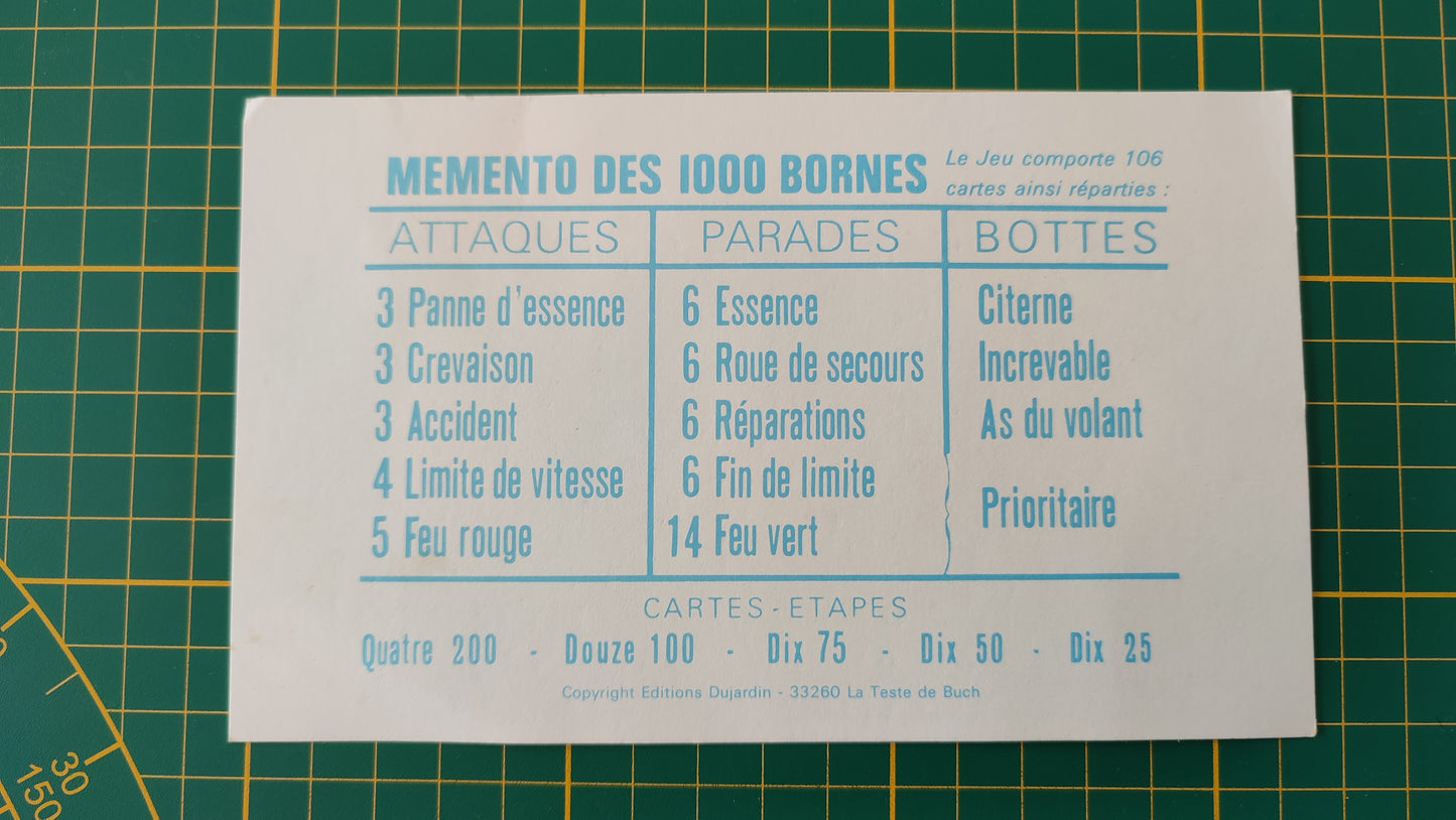 Carte Memento V2 pièce détachée jeu de société 1000 mille bornes Dujardin #B96