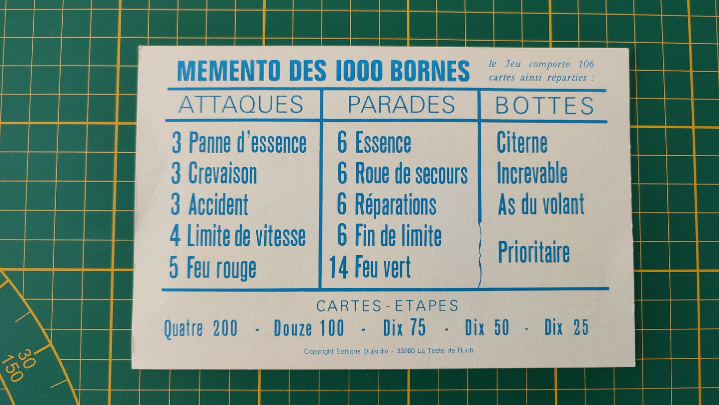 Carte Memento pièce détachée jeu de société 1000 mille bornes Dujardin #B96