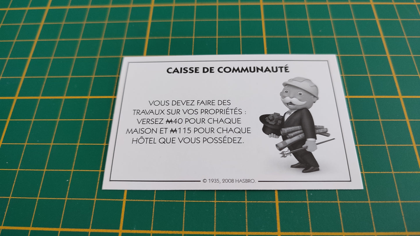 Carte caisse de communauté travaux sur vos propriétés pièce détachée jeu de société Monopoly parties rapides Hasbro #C25