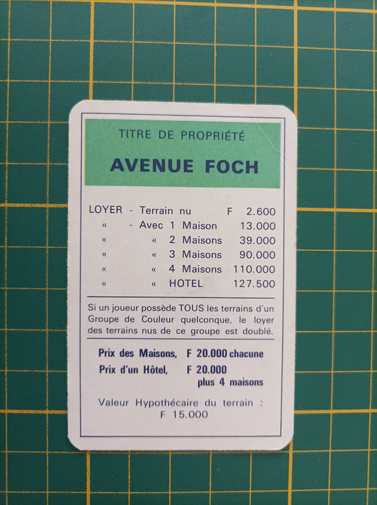 Carte propriété Avenue Foch pièce détachée jeu de société Monopoly Miro Meccano #E40