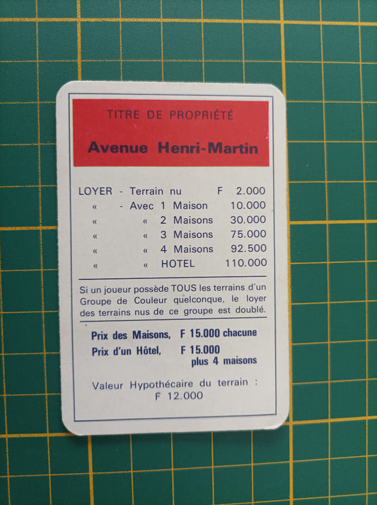 Carte propriété Avenue Henri-Martin pièce détachée jeu de société Monopoly Miro Meccano #E40