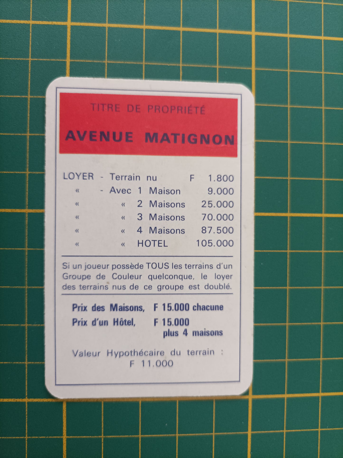 Carte propriété Avenue Matignon pièce détachée jeu de société Monopoly Miro Meccano #E40