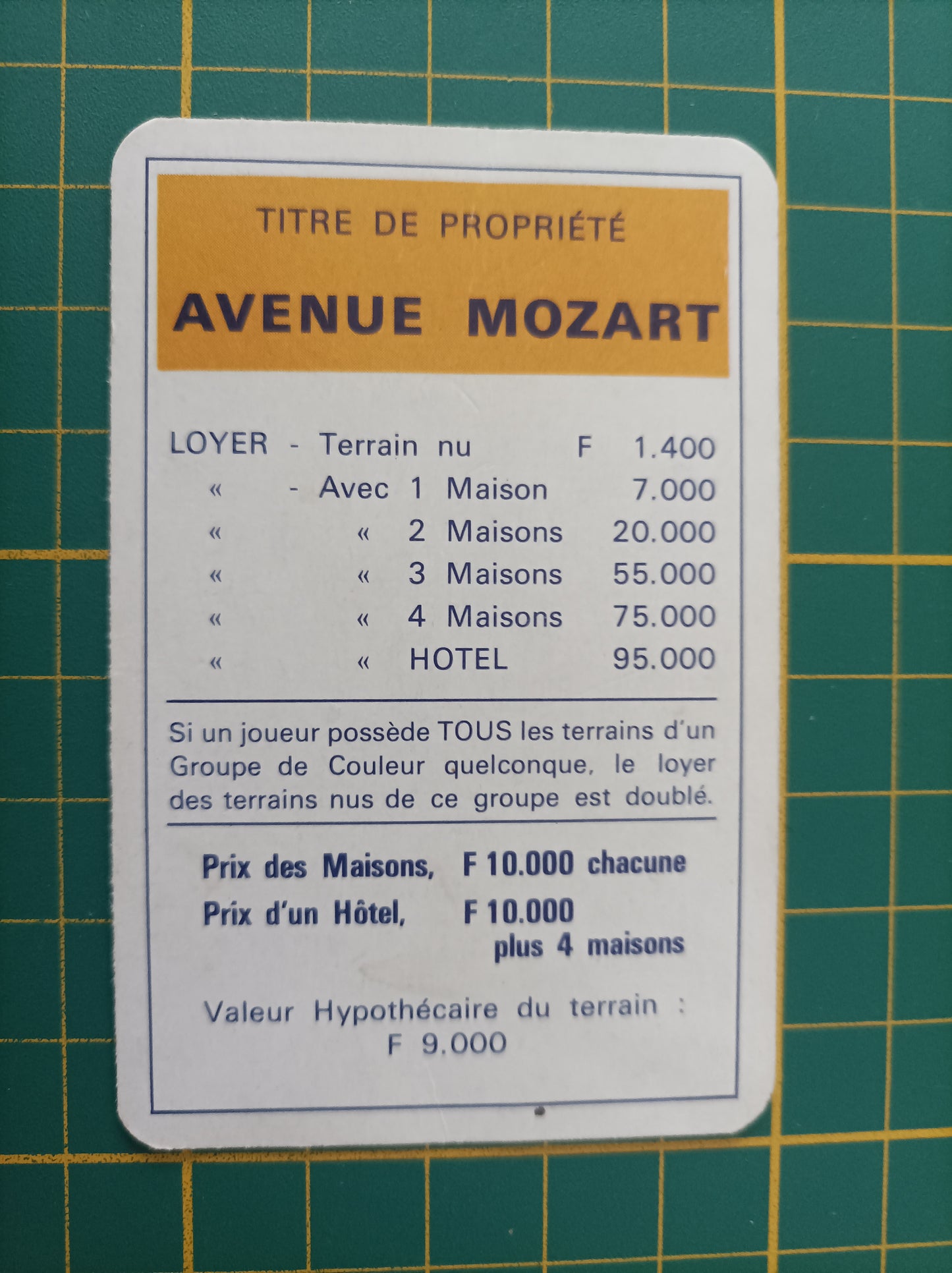 Carte propriété Avenue Mozart pièce détachée jeu de société Monopoly Miro Meccano #E40
