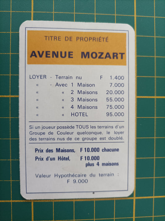 Carte propriété Avenue Mozart pièce détachée jeu de société Monopoly Miro Meccano #E40