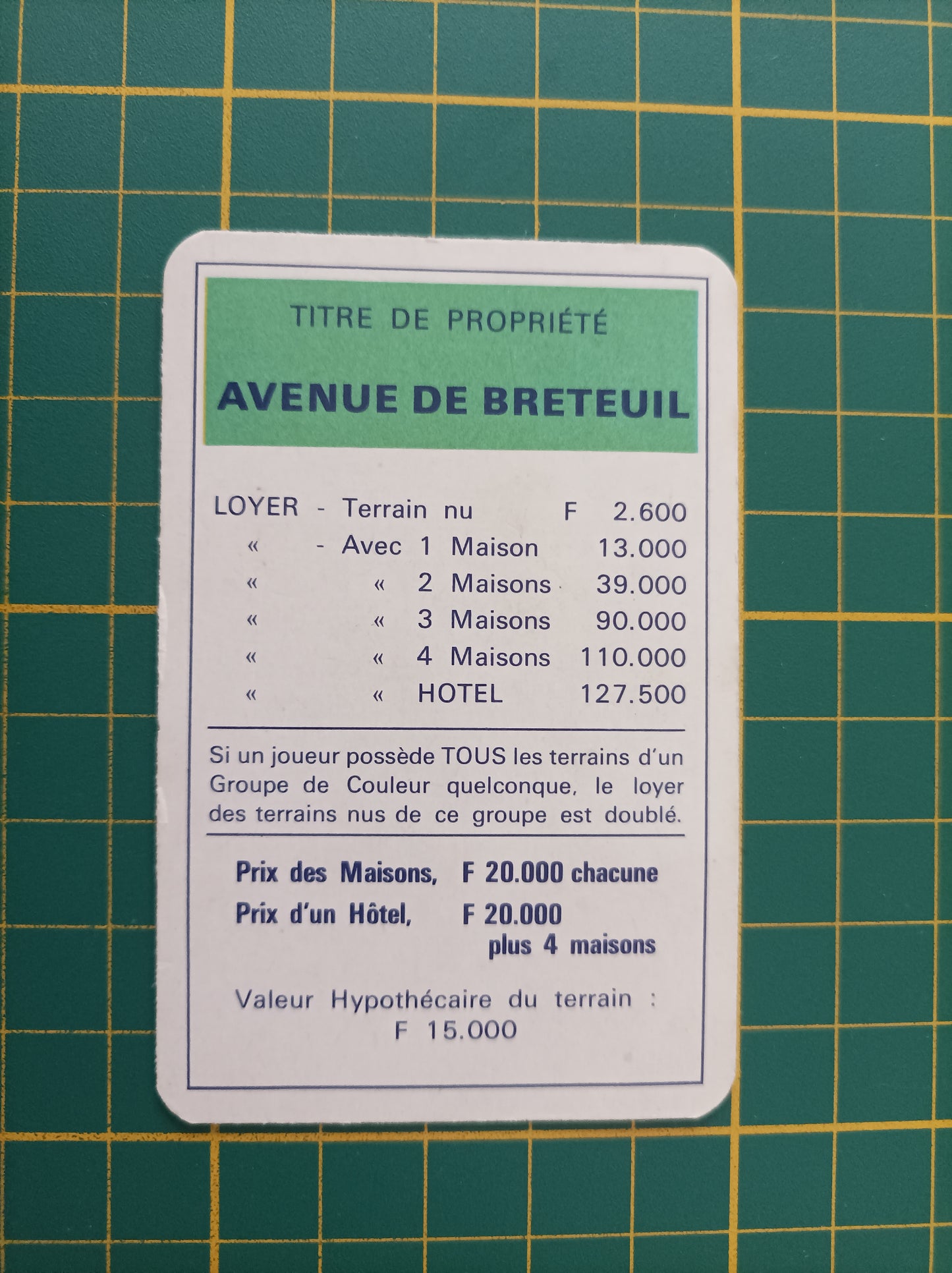 Carte propriété Avenue de Breteuil pièce détachée jeu de société Monopoly Miro Meccano #E40