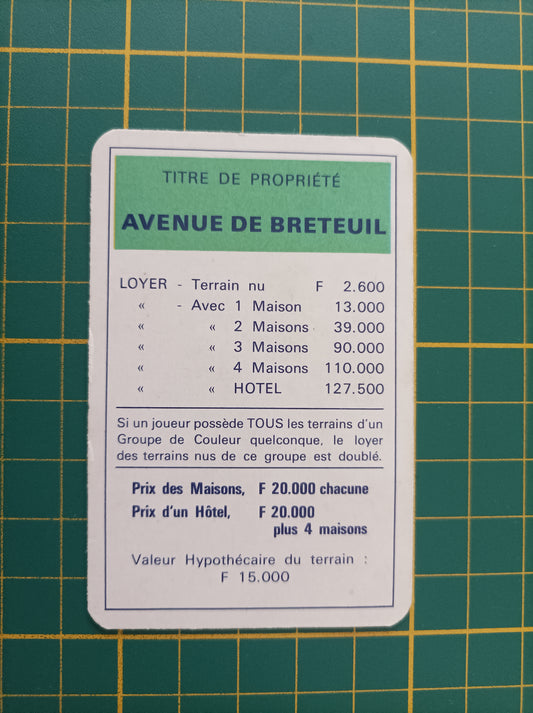 Carte propriété Avenue de Breteuil pièce détachée jeu de société Monopoly Miro Meccano #E40