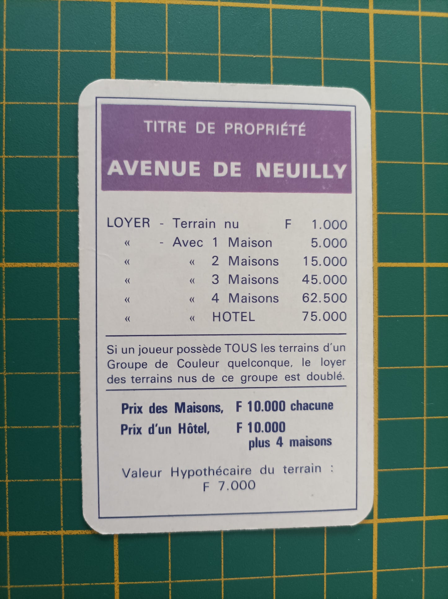 Carte propriété Avenue de Neuilly pièce détachée jeu de société Monopoly Miro Meccano #E40