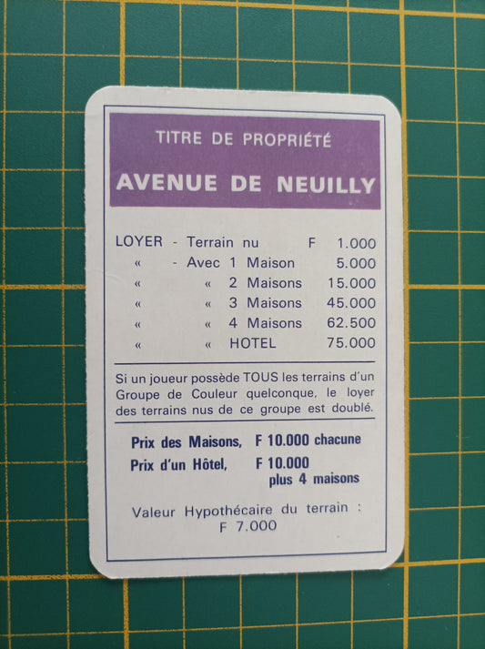 Carte propriété Avenue de Neuilly pièce détachée jeu de société Monopoly Miro Meccano #E40