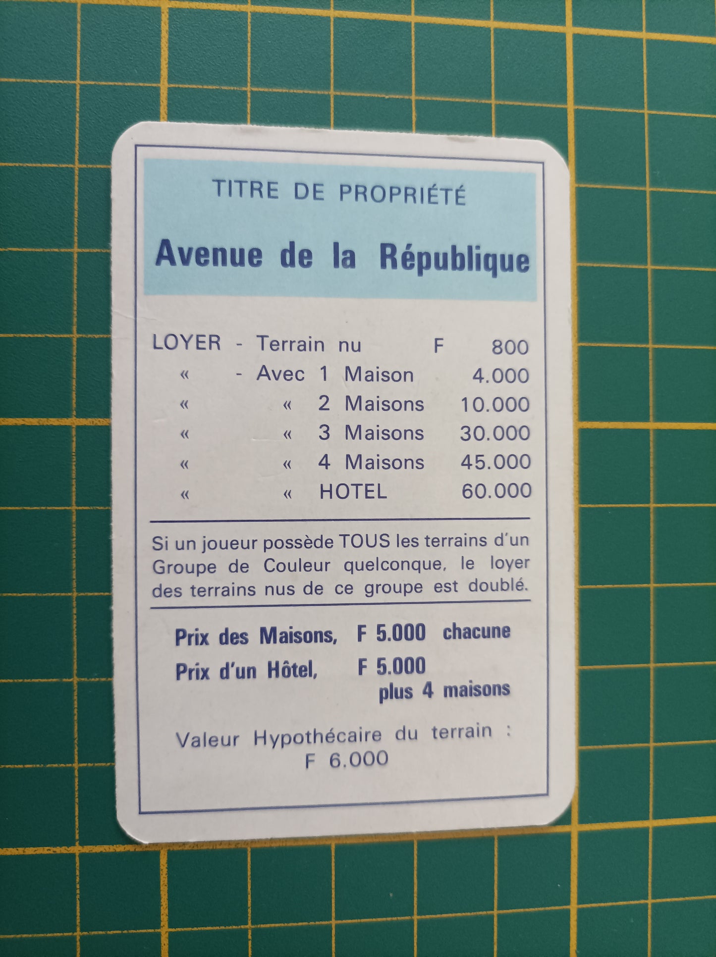 Carte propriété Avenue de la République pièce détachée jeu de société Monopoly Miro Meccano #E40