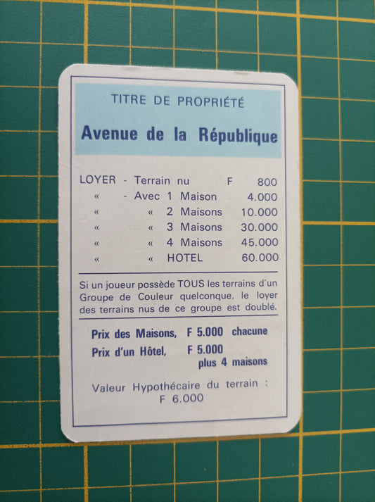Carte propriété Avenue de la République pièce détachée jeu de société Monopoly Miro Meccano #E40