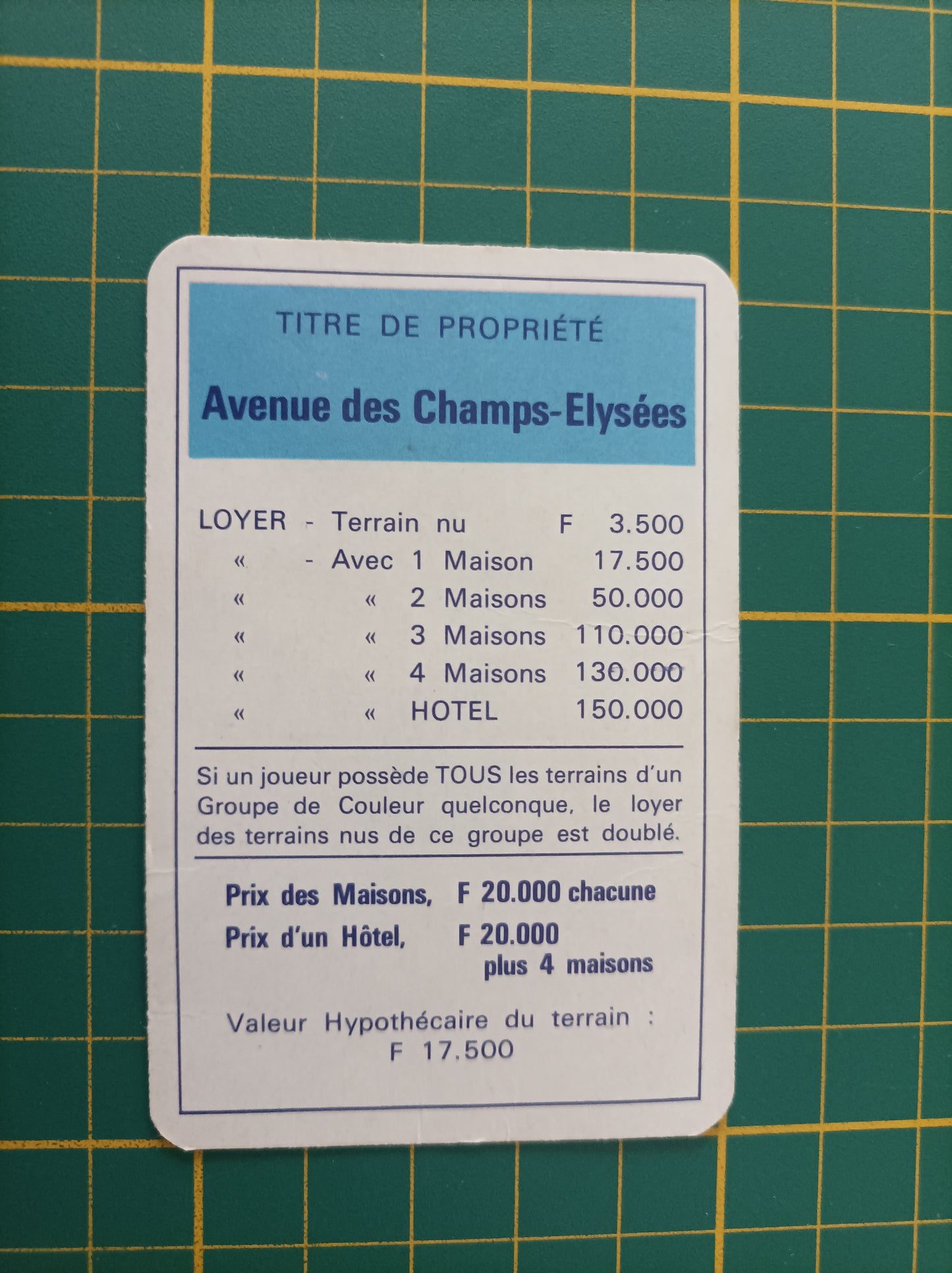 Carte propriété Avenue des Champs-Elysées pièce détachée jeu de société Monopoly Miro Meccano #E40