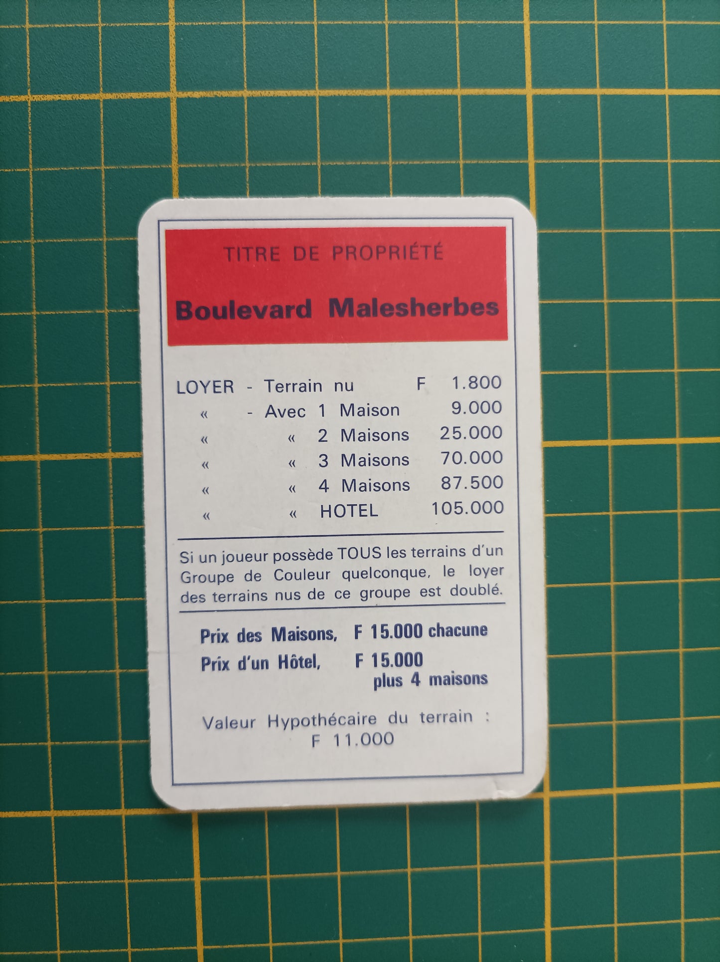 Carte propriété Boulevard Malesherbes pièce détachée jeu de société Monopoly Miro Meccano #E40