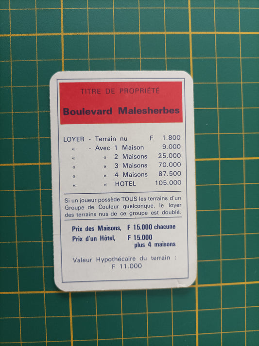 Carte propriété Boulevard Malesherbes pièce détachée jeu de société Monopoly Miro Meccano #E40