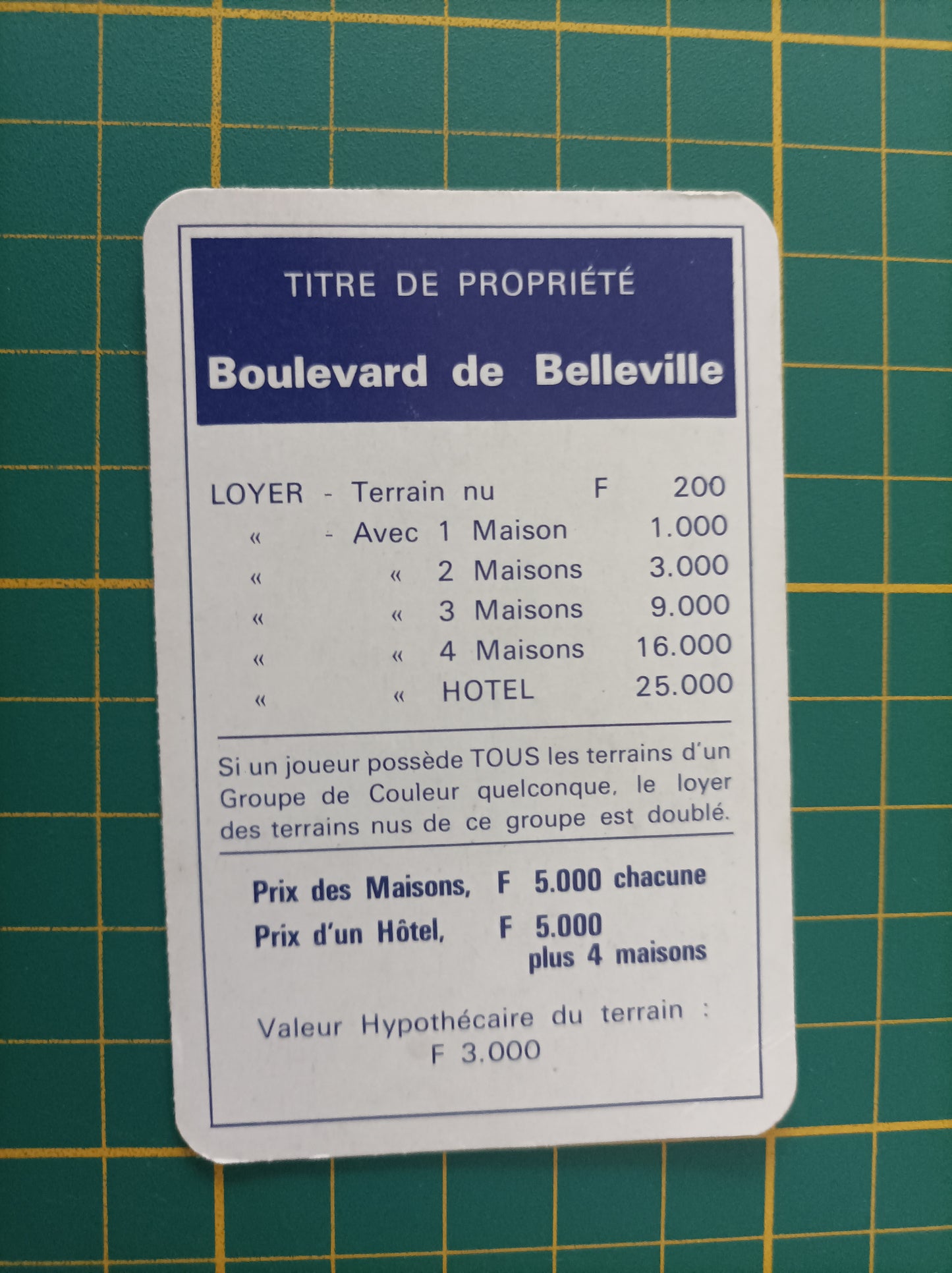 Carte propriété Boulevard de Belleville pièce détachée jeu de société Monopoly Miro Meccano #E40