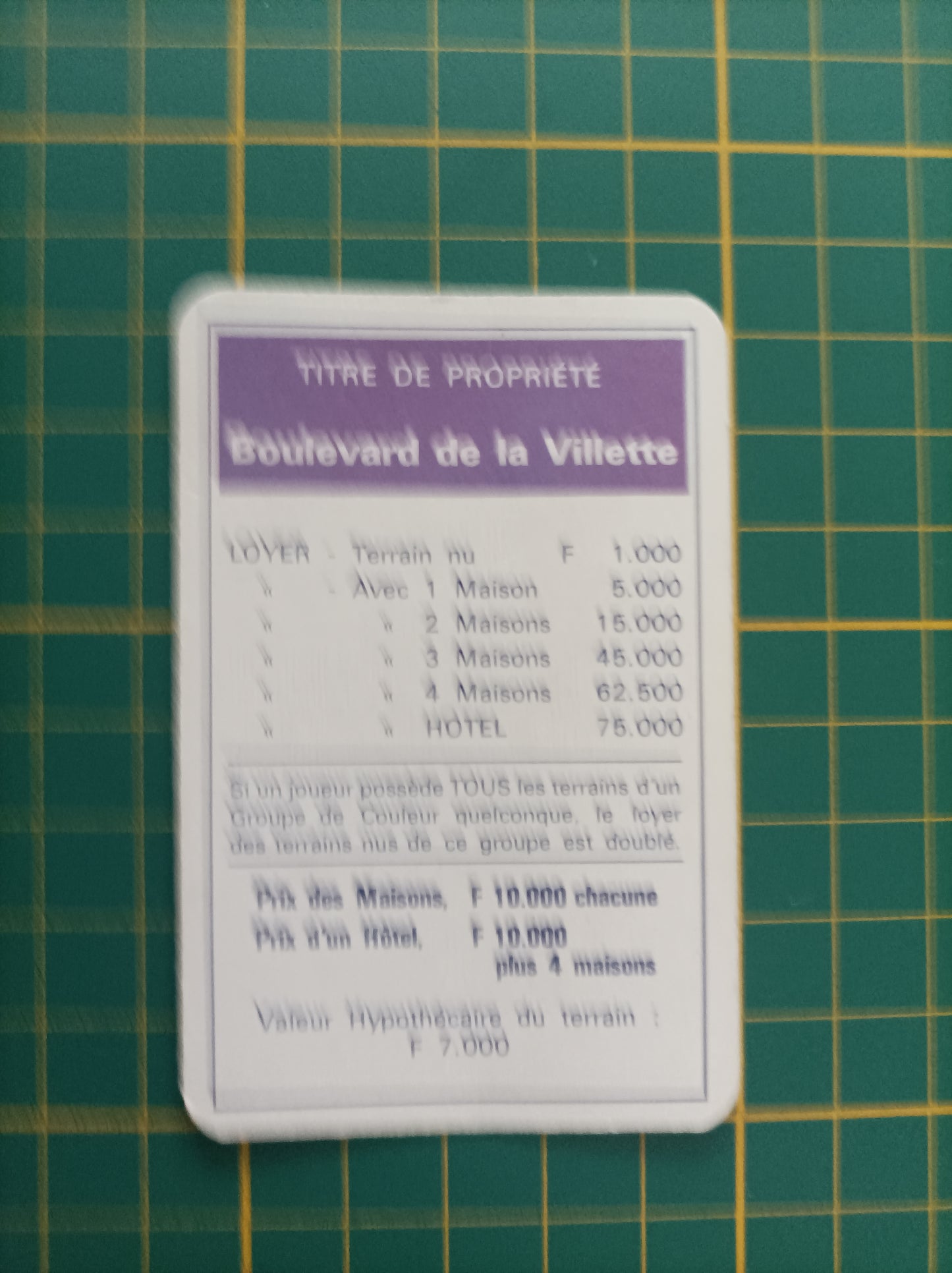 Carte propriété Boulevard de la Villette pièce détachée jeu de société Monopoly Miro Meccano #E40