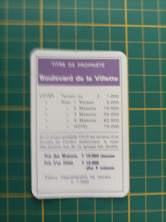 Carte propriété Boulevard de la Villette pièce détachée jeu de société Monopoly Miro Meccano #E40