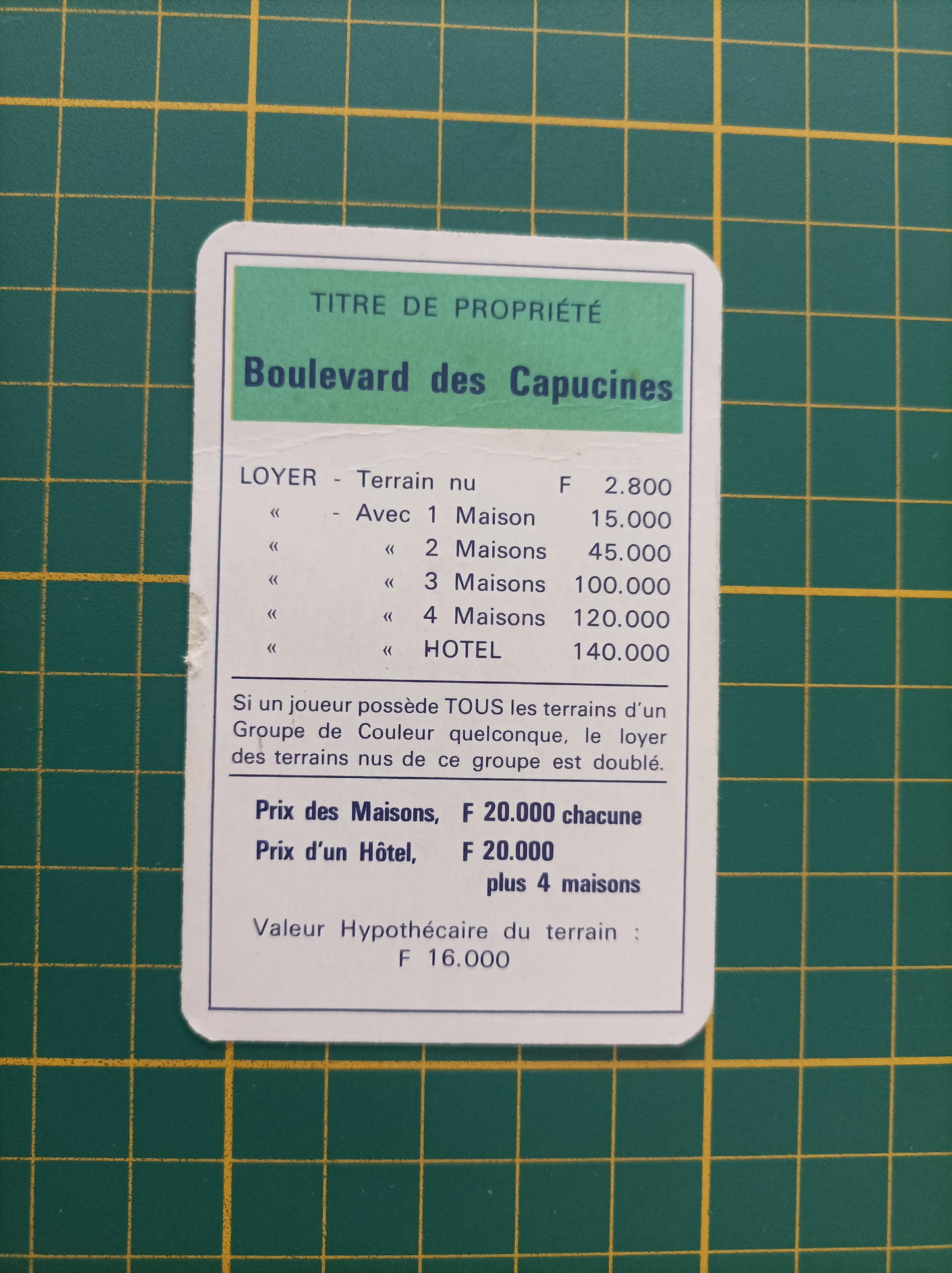 Carte propriété Boulevard des Capucines pièce détachée jeu de société Monopoly Miro Meccano #E40