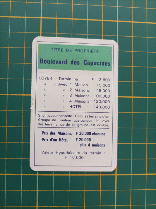 Carte propriété Boulevard des Capucines pièce détachée jeu de société Monopoly Miro Meccano #E40