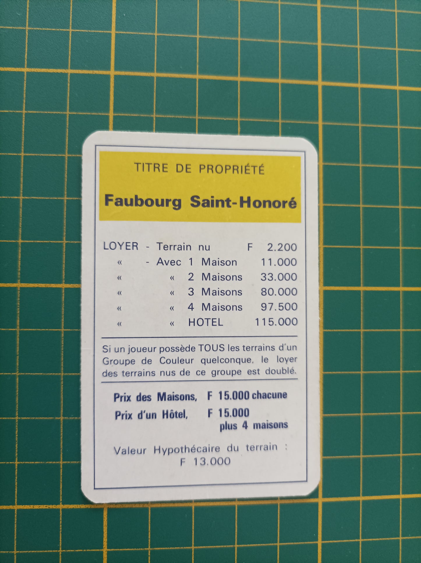 Carte propriété Faubourg Saint-Honoré pièce détachée jeu de société Monopoly Miro Meccano #E40