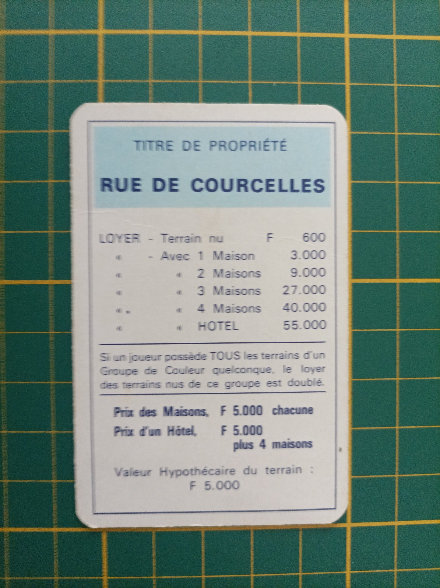Carte propriété Rue de Courcelles pièce détachée jeu de société Monopoly Miro Meccano #E40