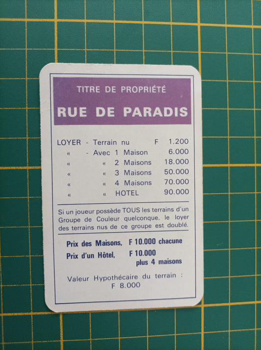 Carte propriété Rue de Paradis pièce détachée jeu de société Monopoly Miro Meccano #E40