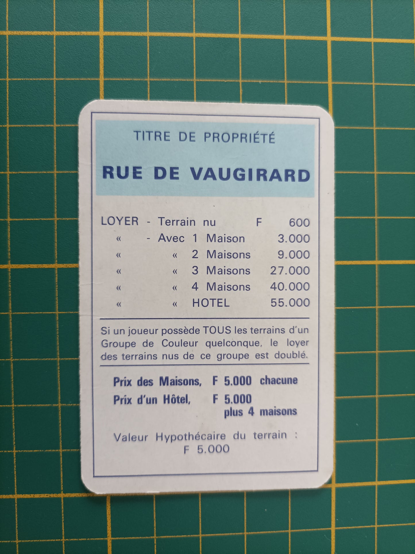 Carte propriété Rue de Vaugirard pièce détachée jeu de société Monopoly Miro Meccano #E40