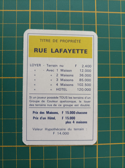 Carte propriété rue Lafayette pièce détachée jeu de société Monopoly Miro Meccano #E40