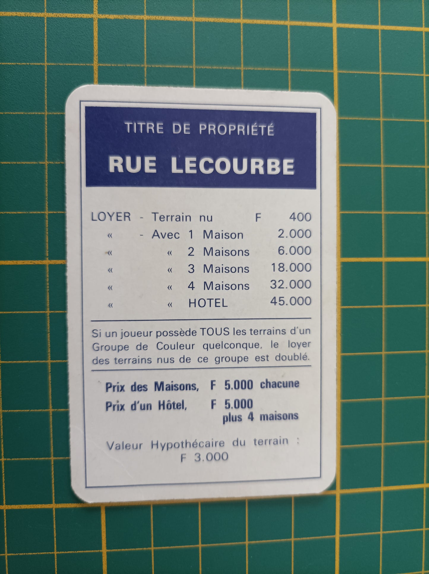 Carte propriété rue Lecourbe pièce détachée jeu de société Monopoly Miro Meccano #E40