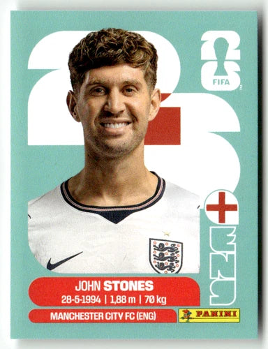 ENG 3 John Stones - Sticker autocollant Panini Coupe du Monde FIFA 2026 Angleterre - Pièce détachée