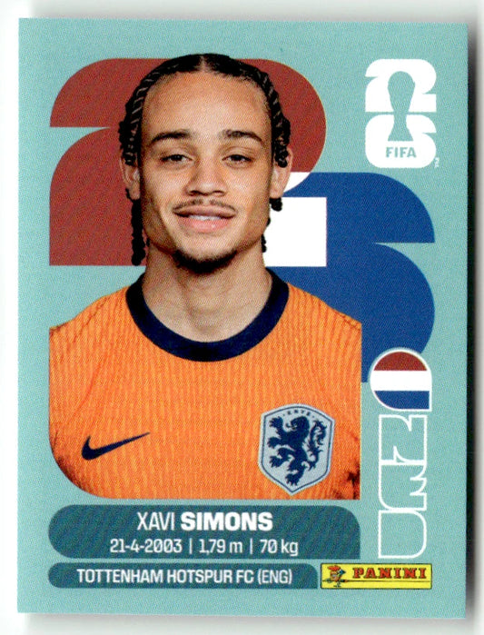 NED 15 Xavi Simons - Sticker autocollant Panini Coupe du Monde FIFA 2026 Pays-Bas - Pièce détachée