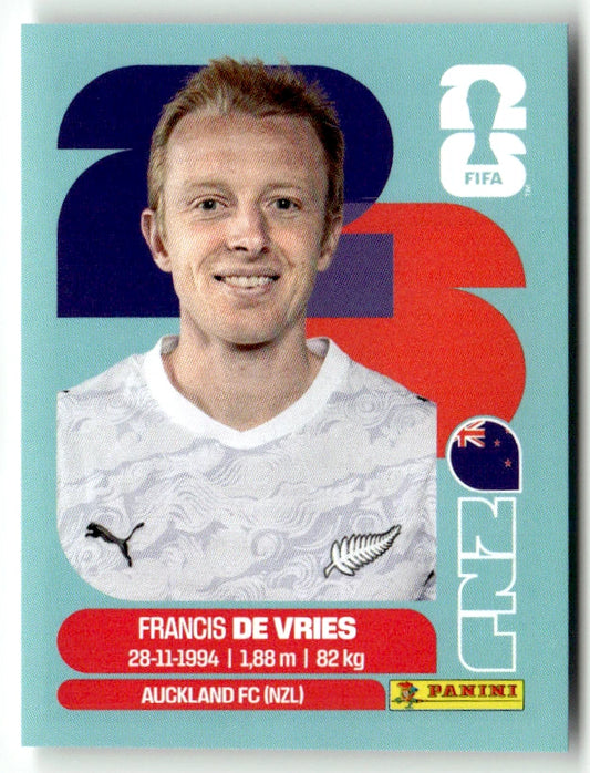 NZL 8 Francis DE VRIES - Sticker autocollant Panini Coupe du Monde FIFA 2026 Nouvelle-Zélande - Pièce détachée