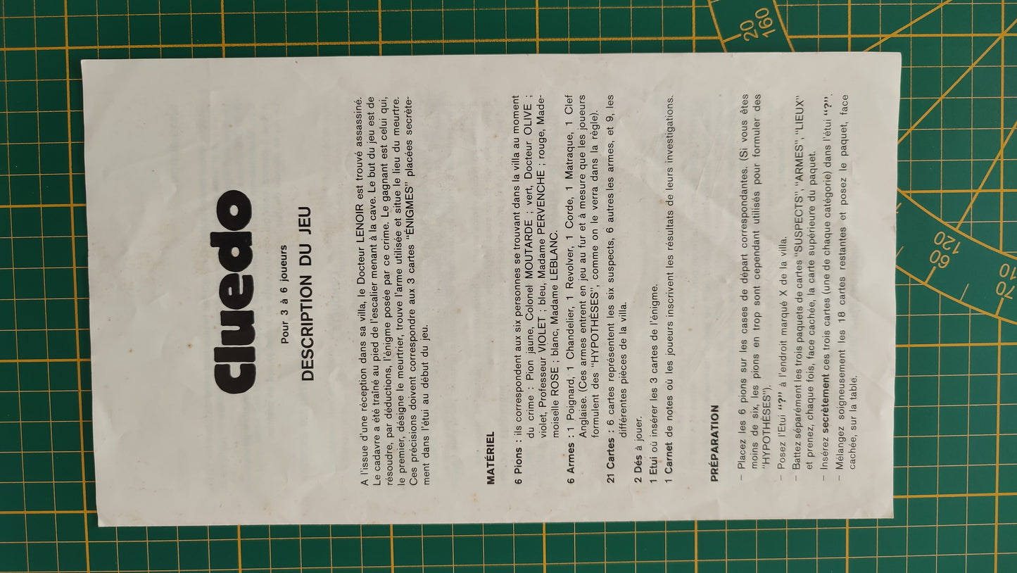 Notice seule en l'état Cluedo miro-meccano pièce détachée jeu de société #E26