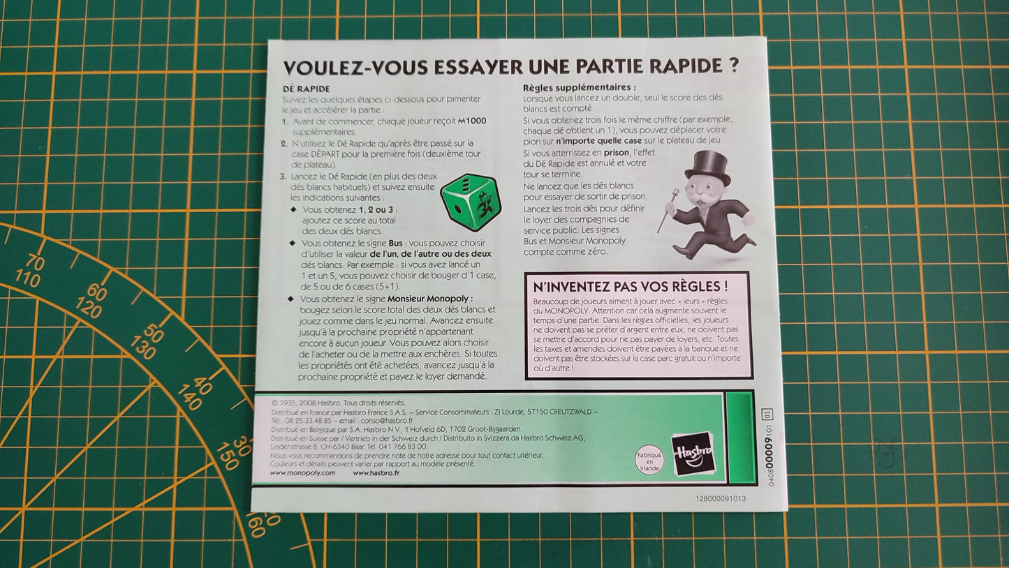 Notice règle du jeu pièce détachée jeu de société Monopoly parties rapides Hasbro #C25