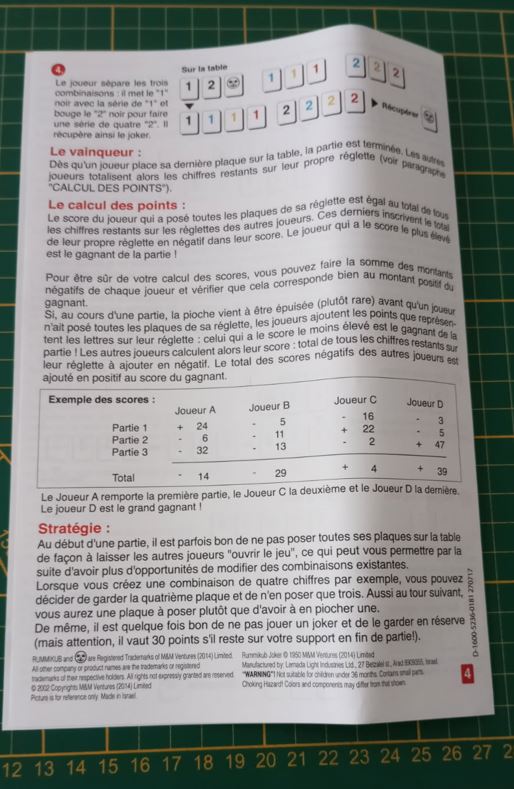 Notice règle du jeu seule pièce détachée L'original Rummikub chiffres M&M Ventures 2014 #E31