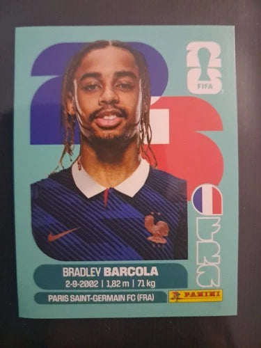 Sticker autocollant Panini FRA 16 Bradley Barcola - Équipe de France - Coupe du Monde FIFA 2026 - Pièce détachée