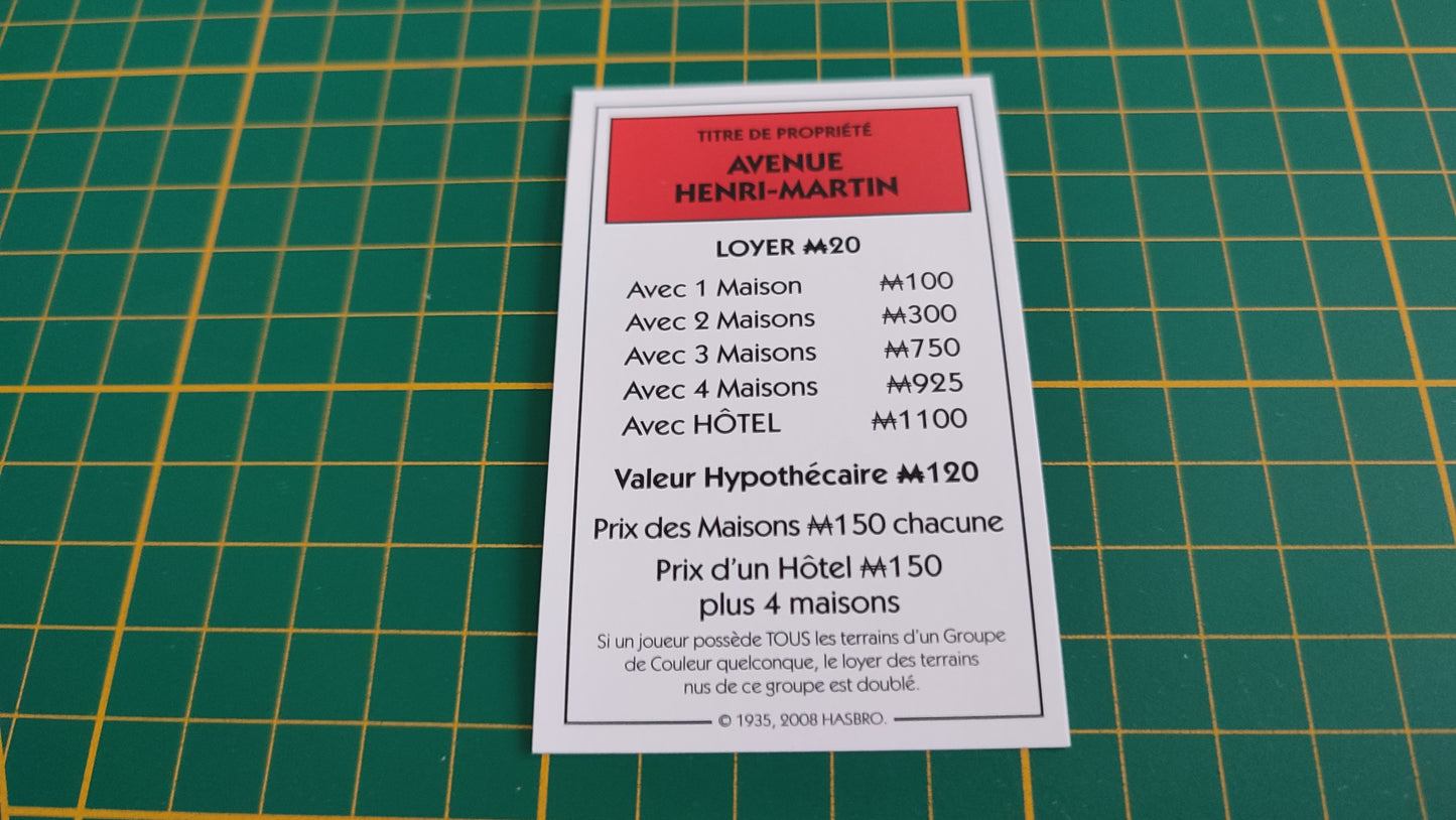 Titre de propriété Avenue Henri-martin pièce détachée jeu de société Monopoly parties rapides Hasbro #C25