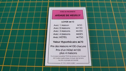 Titre de propriété Avenue de Neuilly pièce détachée jeu de société Monopoly parties rapides Hasbro #C25