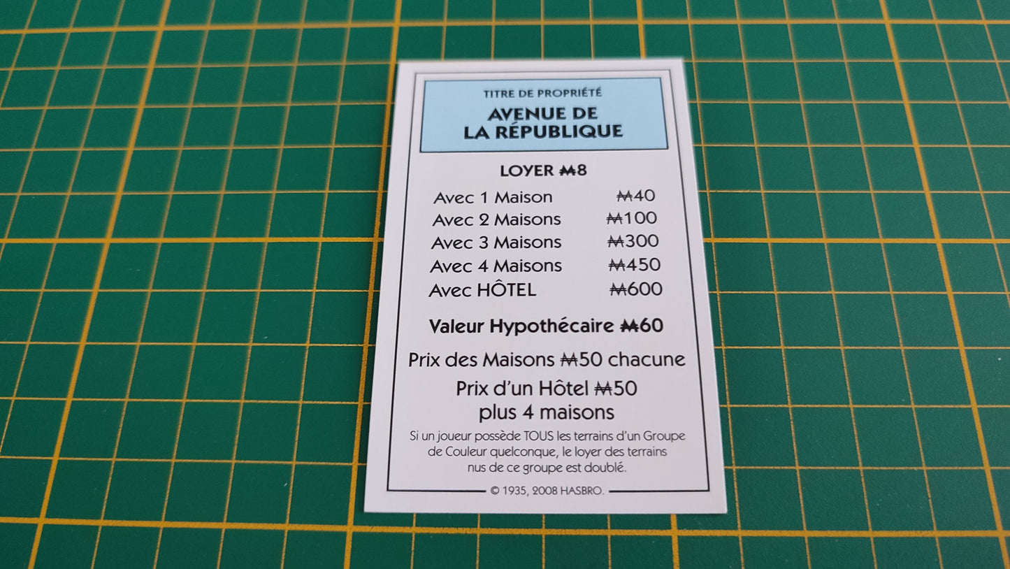 Titre de propriété Avenue de la république pièce détachée jeu de société Monopoly parties rapides Hasbro #C25