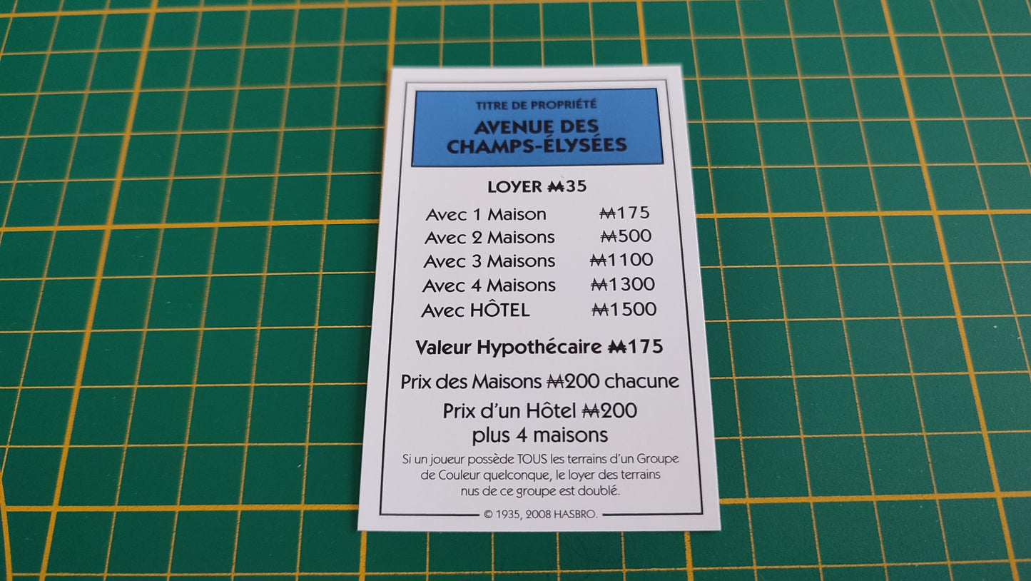 Titre de propriété Avenue des Champs-Elysées pièce détachée jeu de société Monopoly parties rapides Hasbro #C25