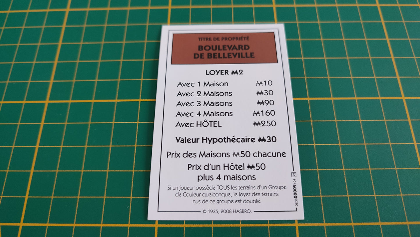 Titre de propriété Boulevard de Belleville pièce détachée jeu de société Monopoly parties rapides Hasbro #C25